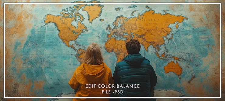 PSD two people stand in front of a large world map looking at it