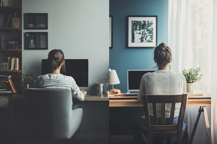 PSD two people working from home separate spaces