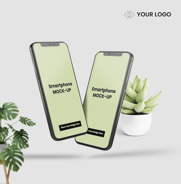 Due telefoni mockup design amp podio sfondo premium psd