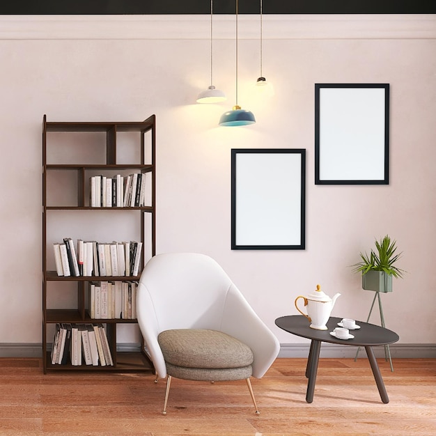 Mockup di due cornici per foto nel design degli interni del soggiorno minimo con sedia, tavolo, sfondo bianco