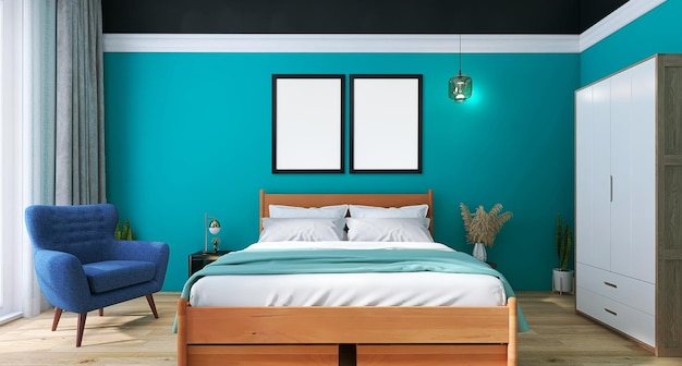 PSD mockup di due cornici per foto nel design degli interni della camera da letto moderna con letto, sfondo verde