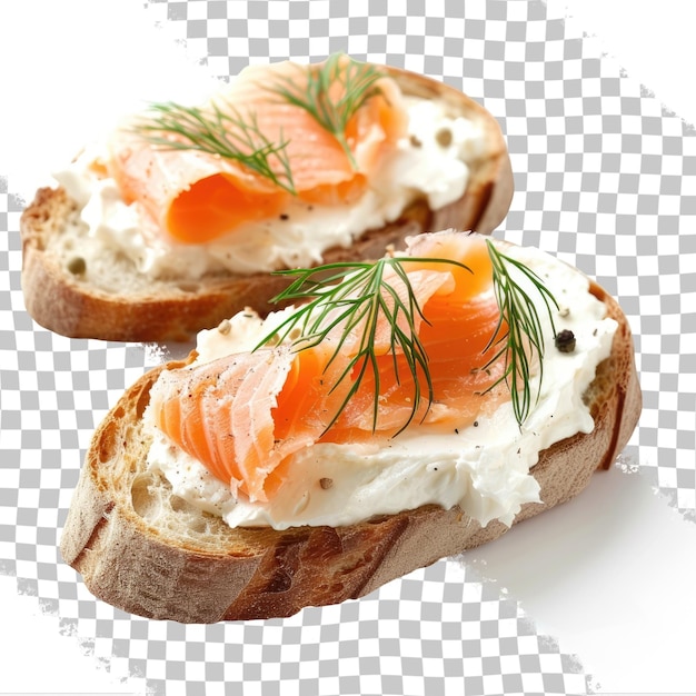 PSD two pieces of salmon on bread with a sprig of rosemary on top