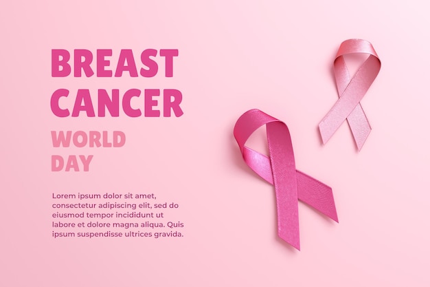 PSD two pink ribbons and breast cancer world day text for banner background design