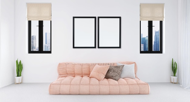 Two poster frame mockup in minimal living room interior design with white background, sofa, windows