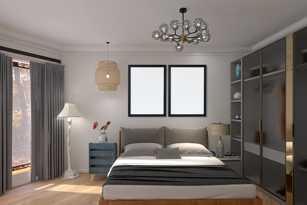 Макет рамки с двумя плакатами в современном дизайне интерьера спальни с кроватью, шкафом, белым фоном