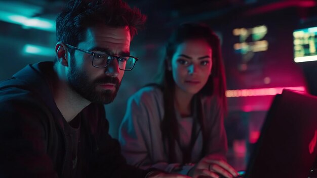 Two programmers collaborate on a project intensely focused on their laptops in a dimly lit room