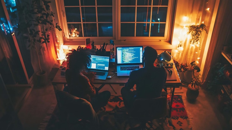 PSD two programmers working late at night in a cozy home office illuminated by warm lights