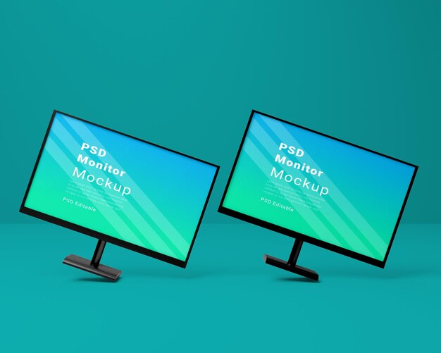 two psd monitor mockup on a teal background