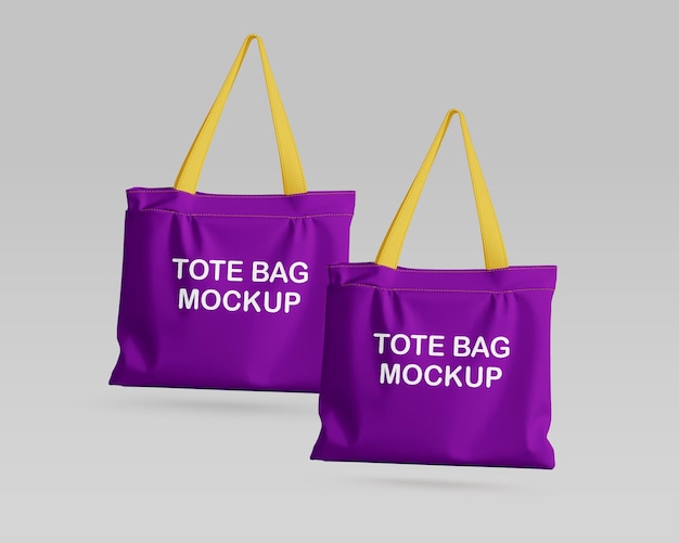 Premium PSD | Two purple tote bags with the words tote bag mockup on them.