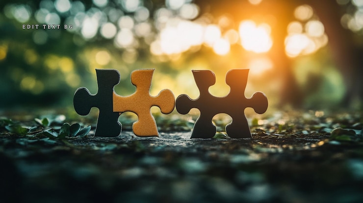 PSD two puzzle pieces connecting outdoors in sunlight