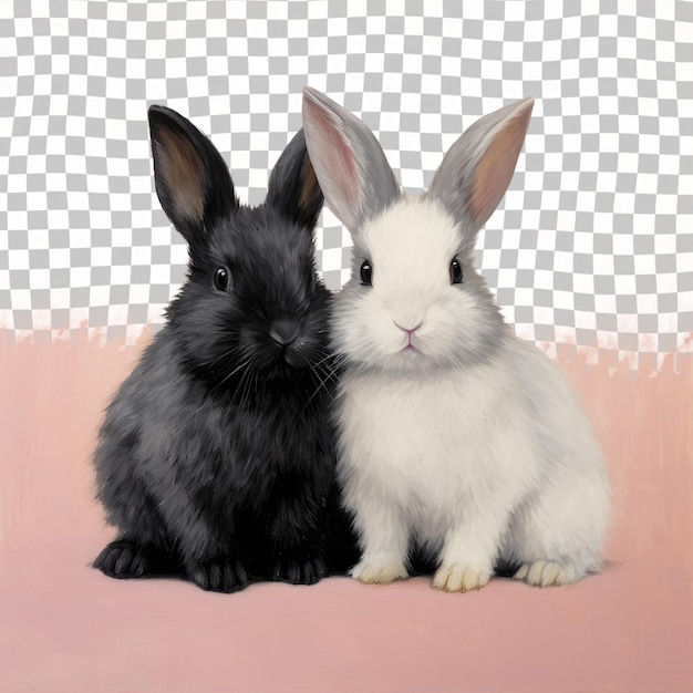 Two rabbits with whiskers and ears sitting on transparent background