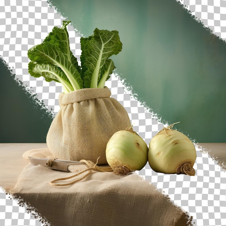 PSD two raw kohlrabi cabbage in a jute bag up close on a transparent background
