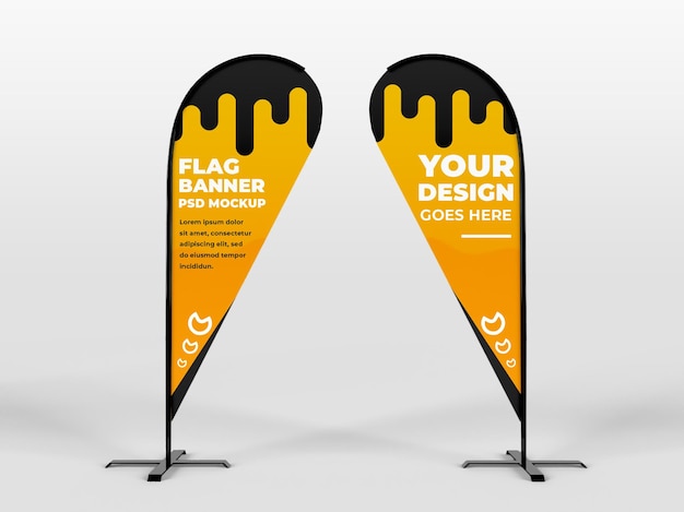 PSD two realistic rounded feather flag vertical banner advertising and branding campaign mockup