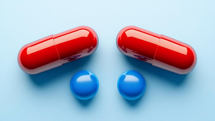 PSD two red capsules and two blue pills on a light blue background