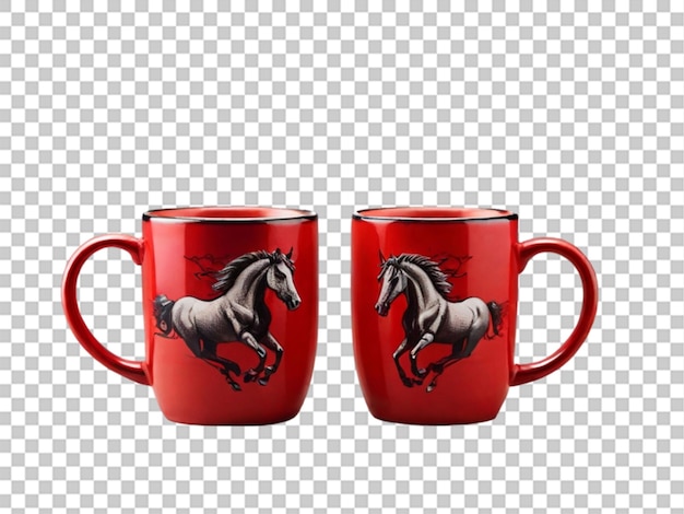 PSD two red coffee mugs with a black horse design on them