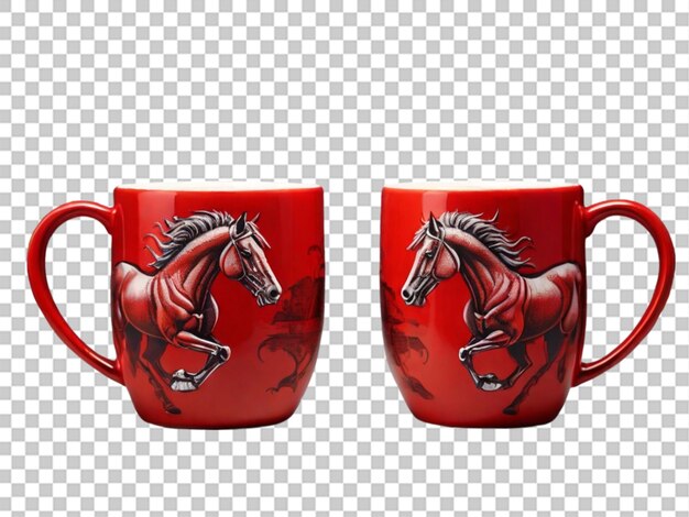 PSD two red coffee mugs with a black horse design on them