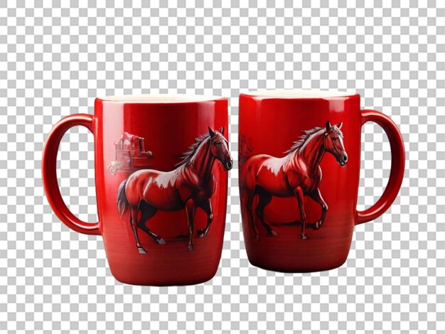 PSD two red coffee mugs with a black horse design on them