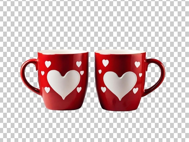 Two red cups with heart symbol and steam coming out small red hearts on table on transparent background