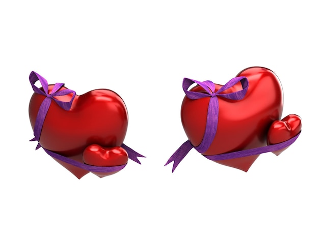 Two red hearts with purple ribbon tied around them, one of which says'love '