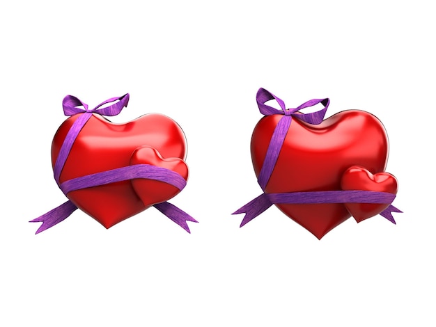 Two red hearts wrapped in purple ribbon with a purple bow.