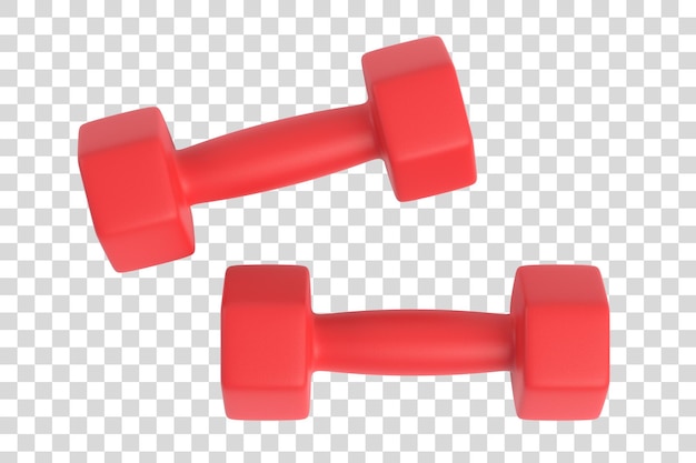 Two red metal dumbbells for fitness isolated on white background Top view Gym and fitness equipment