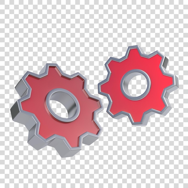 Two red metal gears isolated on white background 3D render illustration