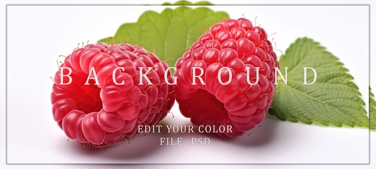PSD two red raspberries with a green leaf on a white background