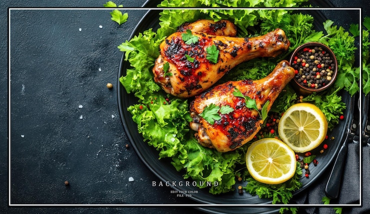 PSD two roasted chicken legs with lemon wedges lettuce and pepperco
