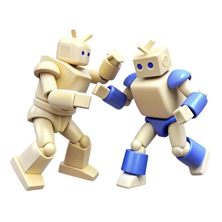 PSD two robot toys are side by side one of which is blue