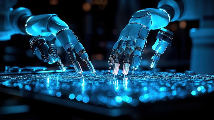 PSD two robotic hands with glowing blue lights manipulating a glowing surface