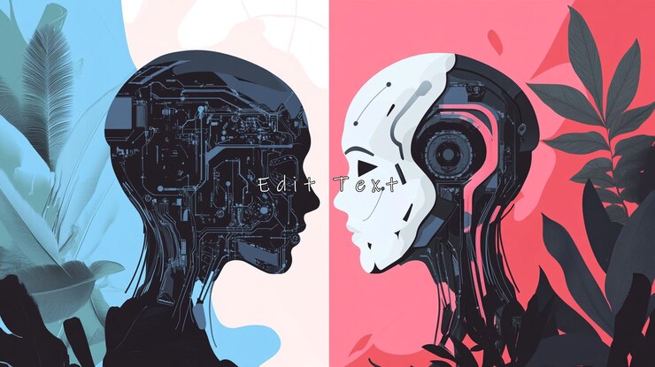 PSD two robotic heads facing each other one transparent the other opaque set against contrasting backgrounds with foliage