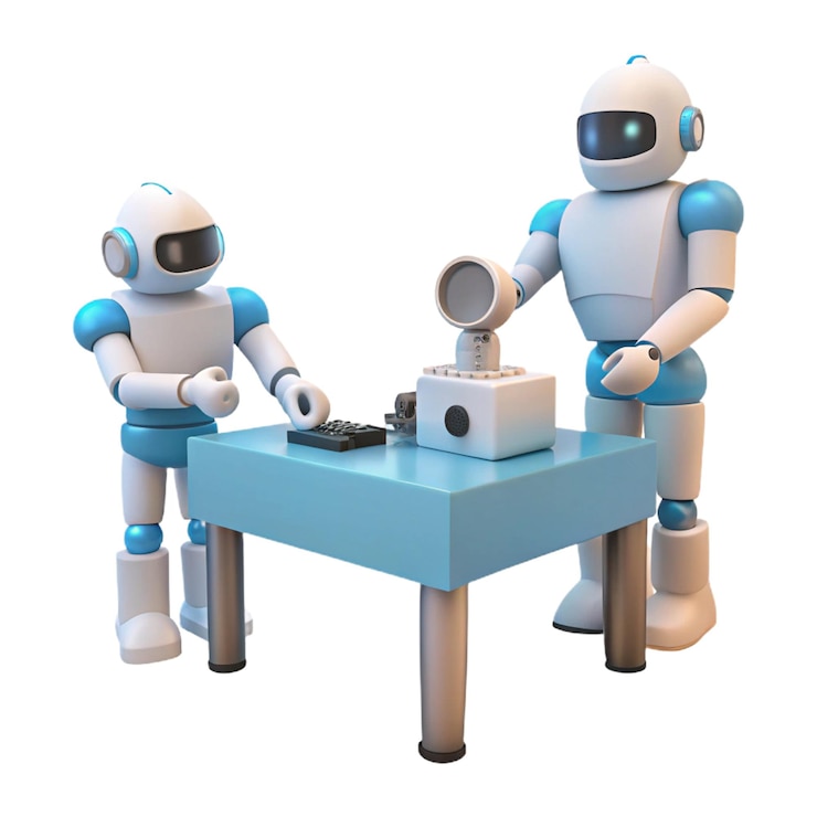 PSD two robots are sitting at a table with one that says robot on it