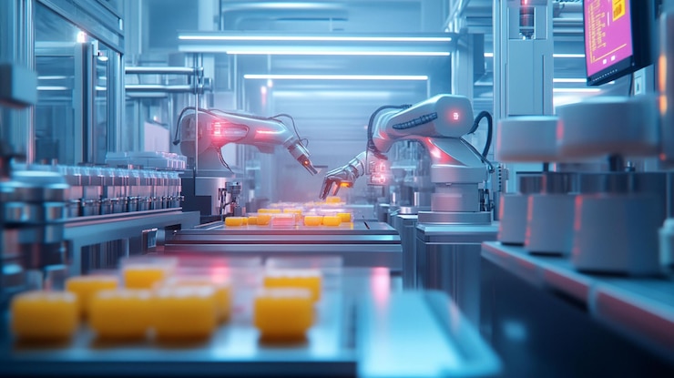 PSD two robots assembling products on a futuristic factory assembly line