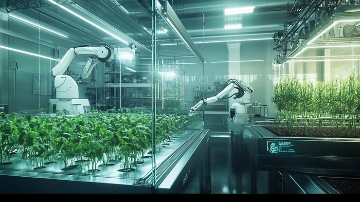 PSD two robots tending to plants in a futuristic indoor farm