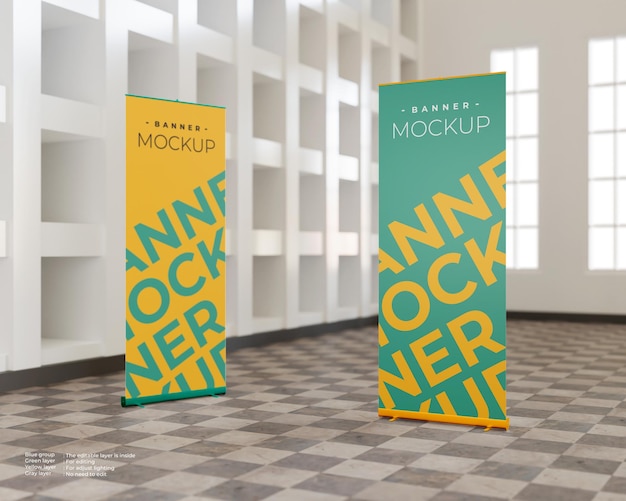 PSD due mockup di banner roll up per interni