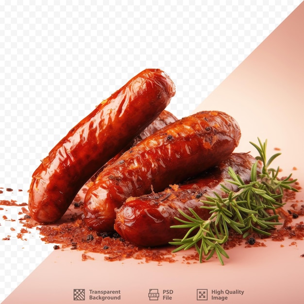 Two sausages with herbs and spices on a white background.