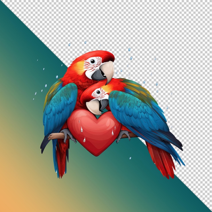 PSD two scarlet macaws in love with a heart on a branch