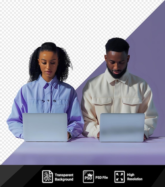 Two serious concentrated colleagues typing on their laptops in front of a purple black hair psd png