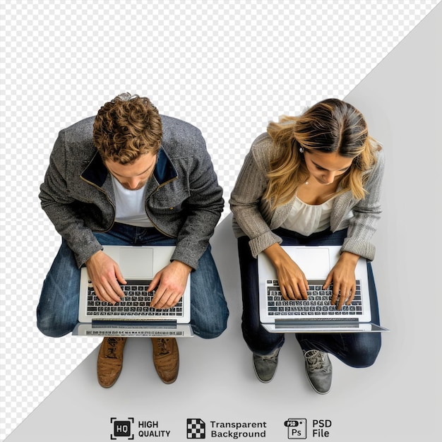 PSD two serious concentrated colleagues typing on their laptops in front of a white wall with one man wearing a white shirt and blue jeans and the other with long brown hair and a png psd