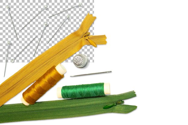 PSD two sewing zippers two skeins of thread a needle a thimble isolated on a transparent background