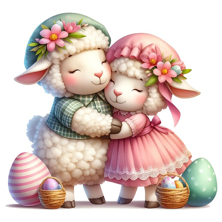 two sheep are hugging and one is wearing a dress that says hello