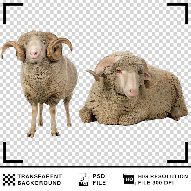 Two sheep one standing and the other sitting on a transparent background