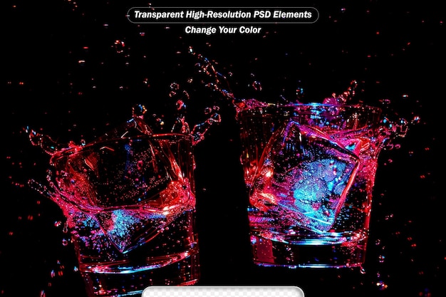 PSD two shiny rocks glasses clinking with bubbles and big splashes on black background