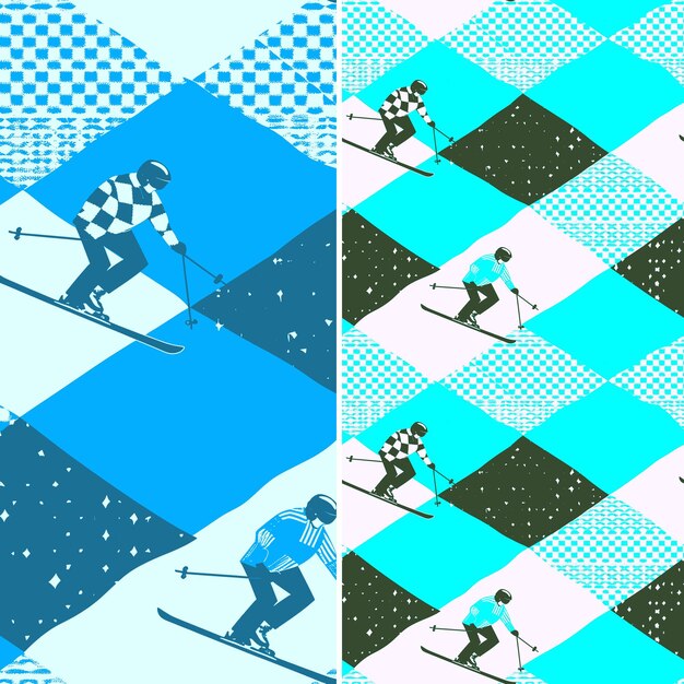 PSD 2人のスキーヤーが青と白の背景で雪でスキーをしている