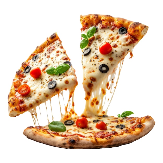 PSD two slices of pizza with melted cheese and ingredients in the air