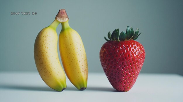 two small bananas and a large strawberry on a white surface
