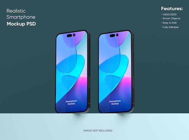 Two smartphones 14 pro max mockup for App and Website UI branding 2 Phones in front and back side 3D render