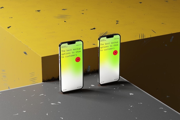 two smartphones mockup with display of an app on a yellow and gray surface