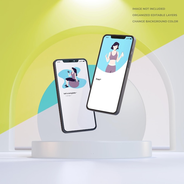 Two smartphones with round dais and arch mockup ui ux design display