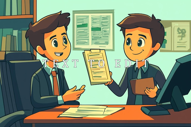PSD two smiling businessmen reviewing documents at office desk